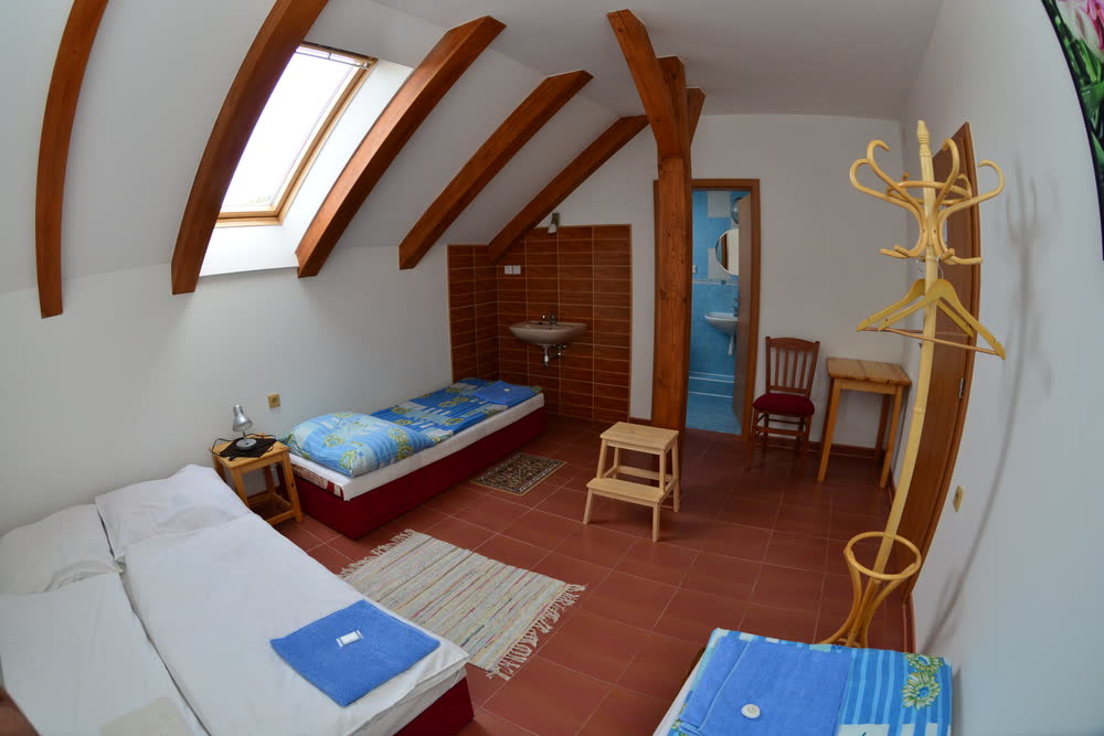 Podkrovní pokoj s dřevěnými krovy
